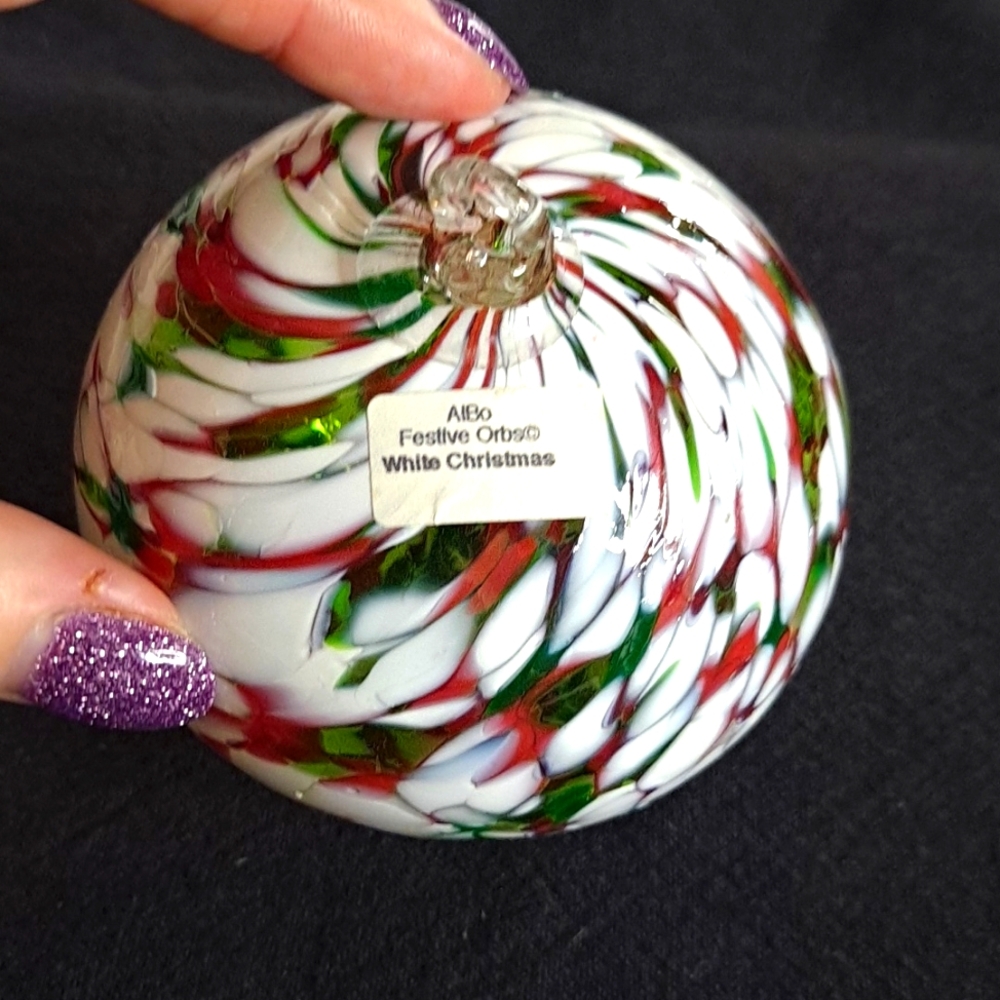 Hand Blown Red, White, & Green Glass Friendship Ball Ornament